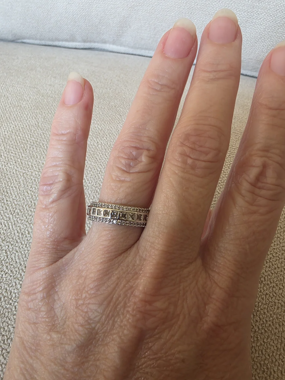 Silver Tone Adjustable CZ Band Ring Princess Cut Rhinestones